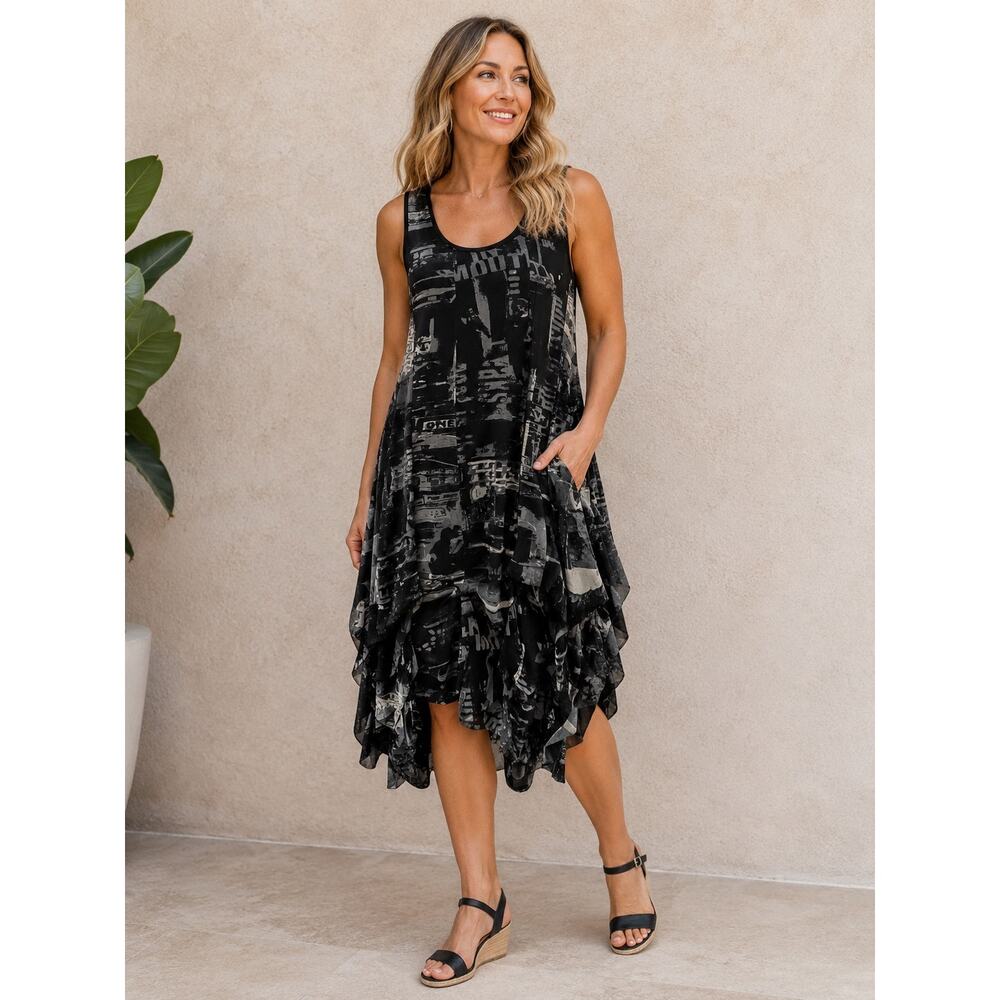 Tango Mango Dress Large Black Gray Abstract Sleeveless Handkerchief Hem